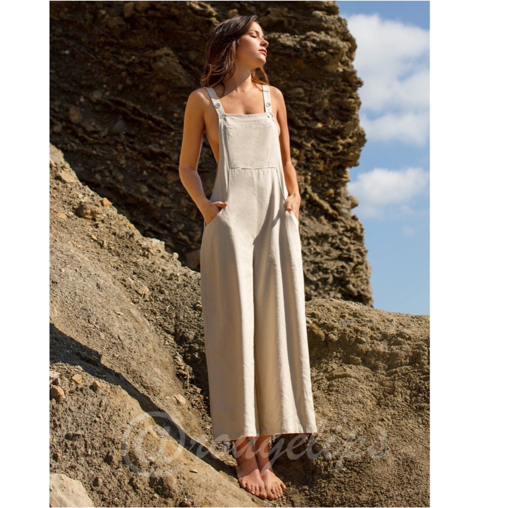 Linen Blend Casual Beige Overalls Pockets Jumpsuit Wide Leg - Picture 3 of 7